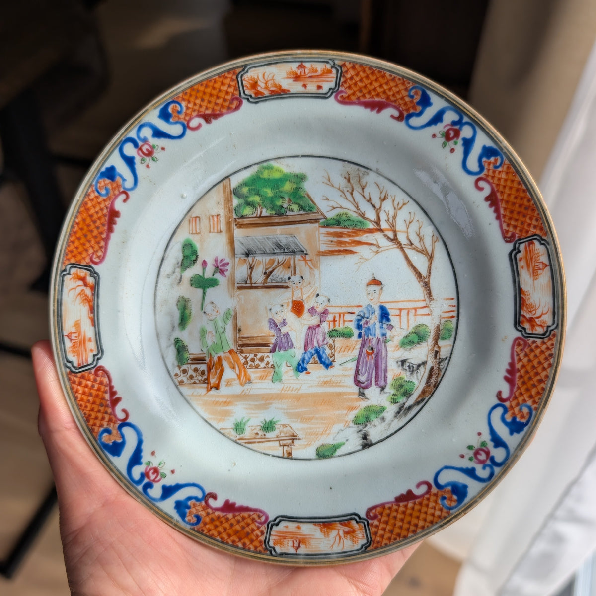 Antique Chinese mandarin plate with children, 18th c, Qianlong period #2997