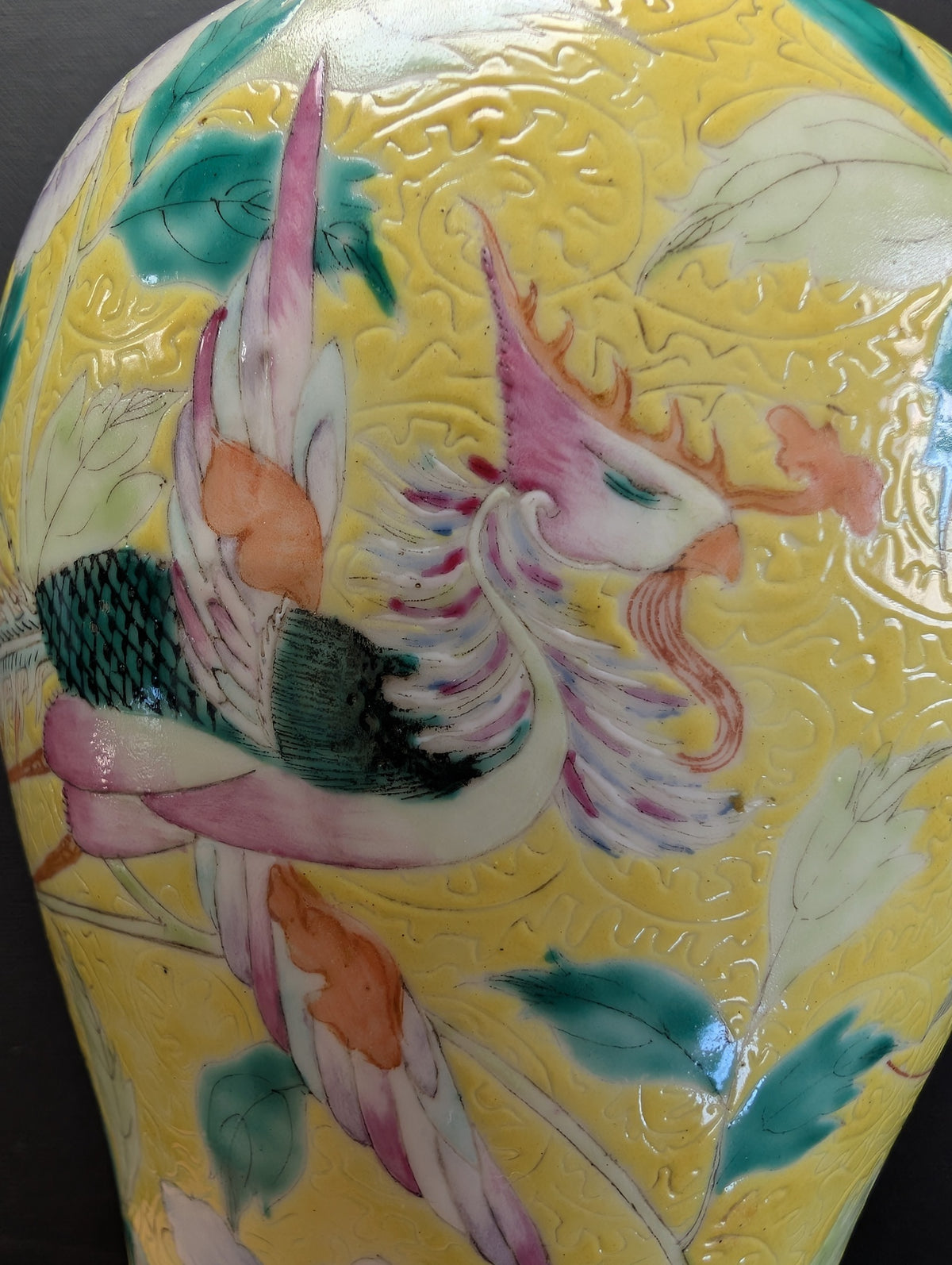 Chinese antique yellow scraffito ground with double pheonixes , 19th #2988