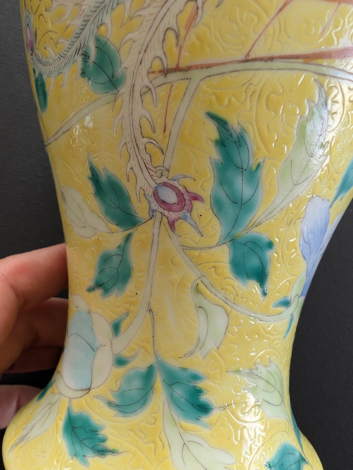 Chinese antique yellow scraffito ground with double pheonixes , 19th #2988