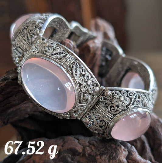 Chinese filigree handmade silver jewelry bracelet with natural rose quartz #2958