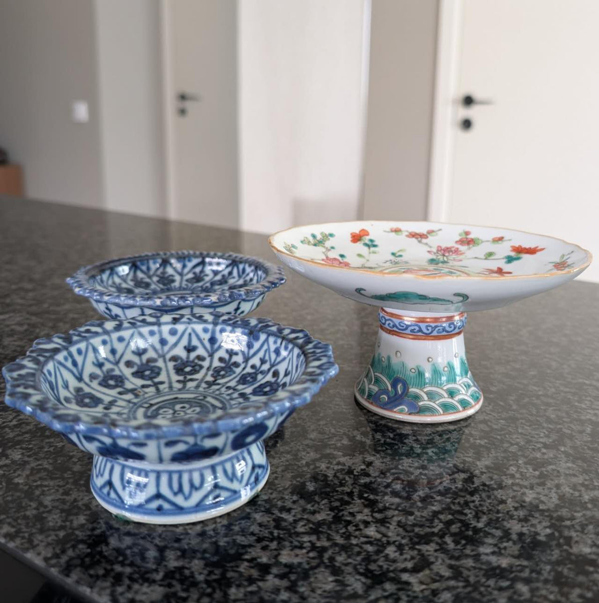 3 Chinese antique altar bowls on foot / tazza, Late Qing #3017, 3018, 3019