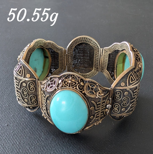 Chinese filigree handmade silver jewelry bracelet with natural turquoise #2926