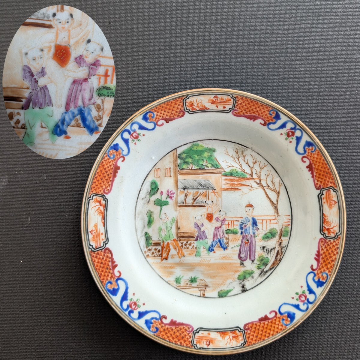 Antique Chinese mandarin plate with children, 18th c, Qianlong period #2997