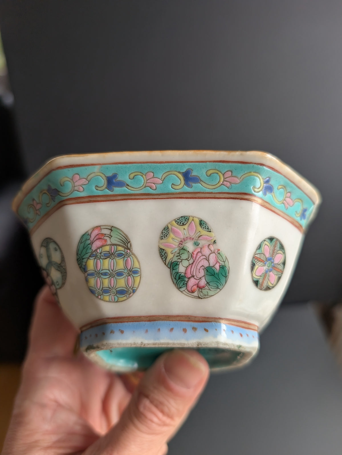 Chinese antique altar bowl with silk ball celebration, Tongzhi Mark & Period #2799