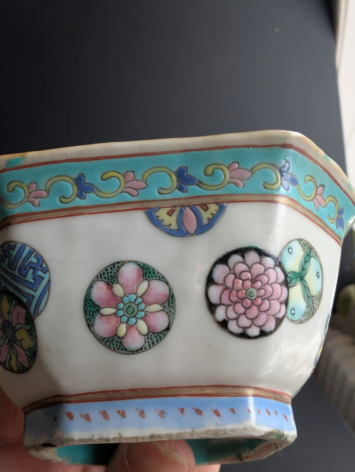 Chinese antique altar bowl with silk ball celebration, Tongzhi Mark & Period #2799