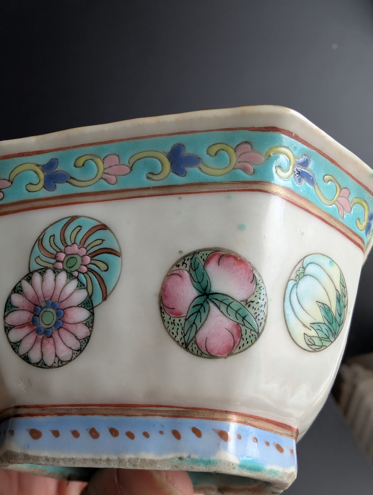 Chinese antique altar bowl with silk ball celebration, Tongzhi Mark & Period #2799