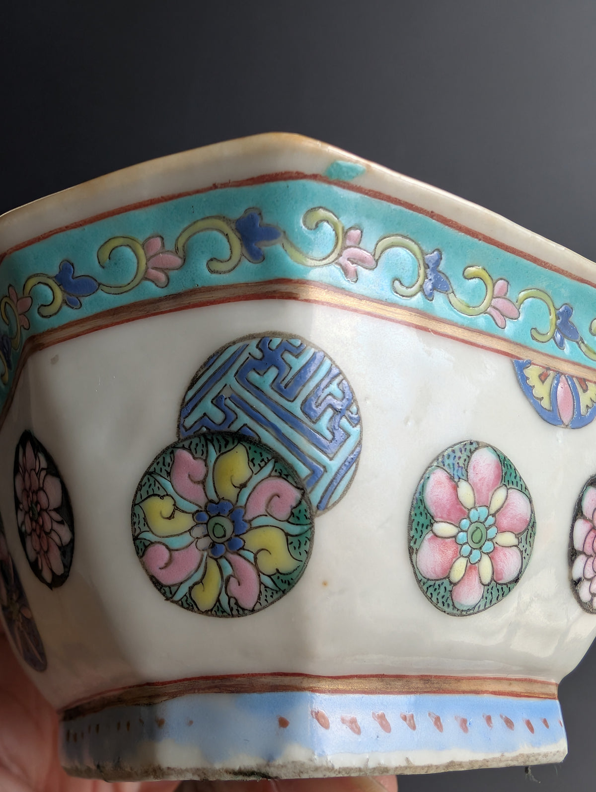 Chinese antique altar bowl with silk ball celebration, Tongzhi Mark & Period #2799