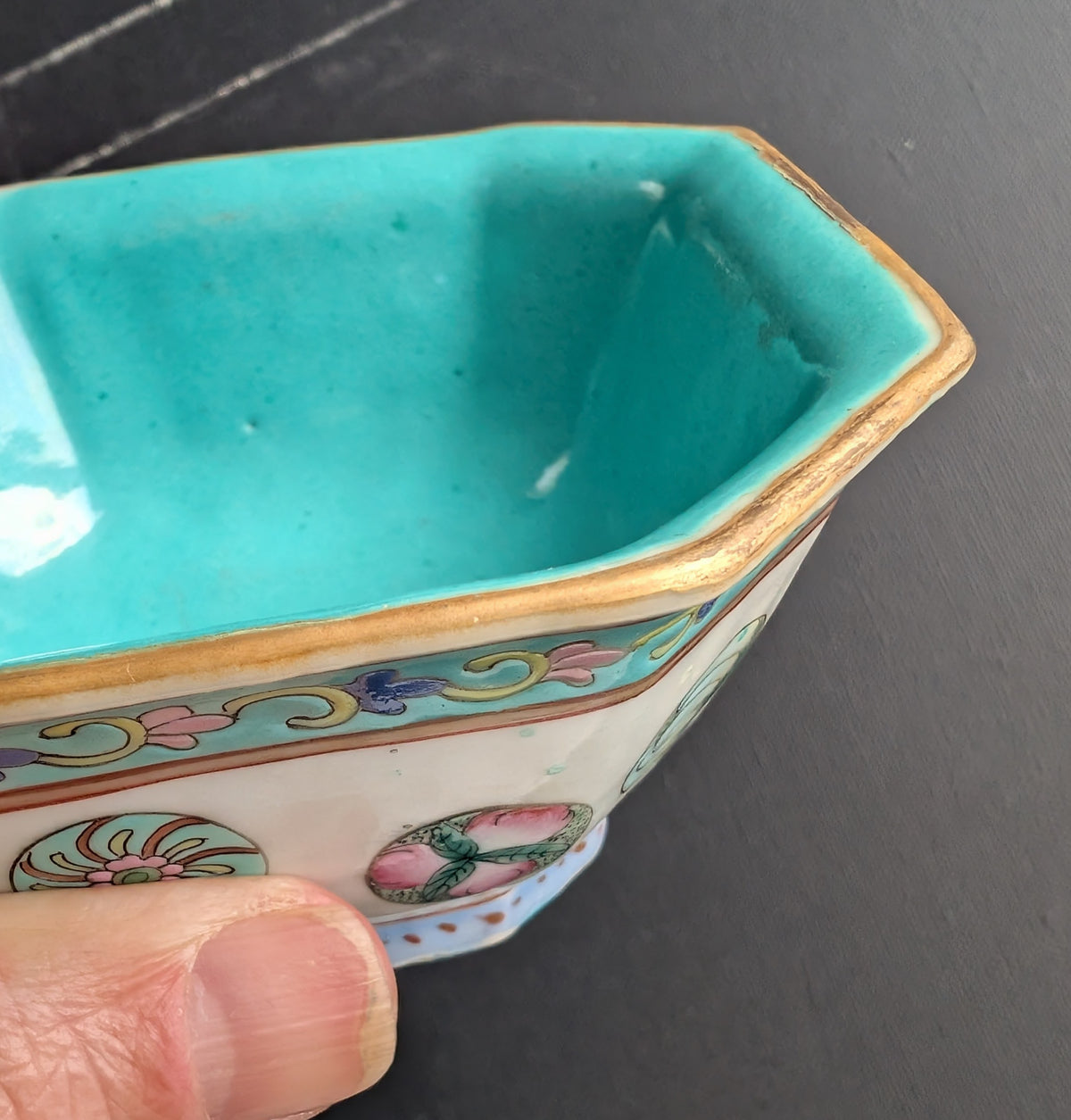 Chinese antique altar bowl with silk ball celebration, Tongzhi Mark & Period #2799