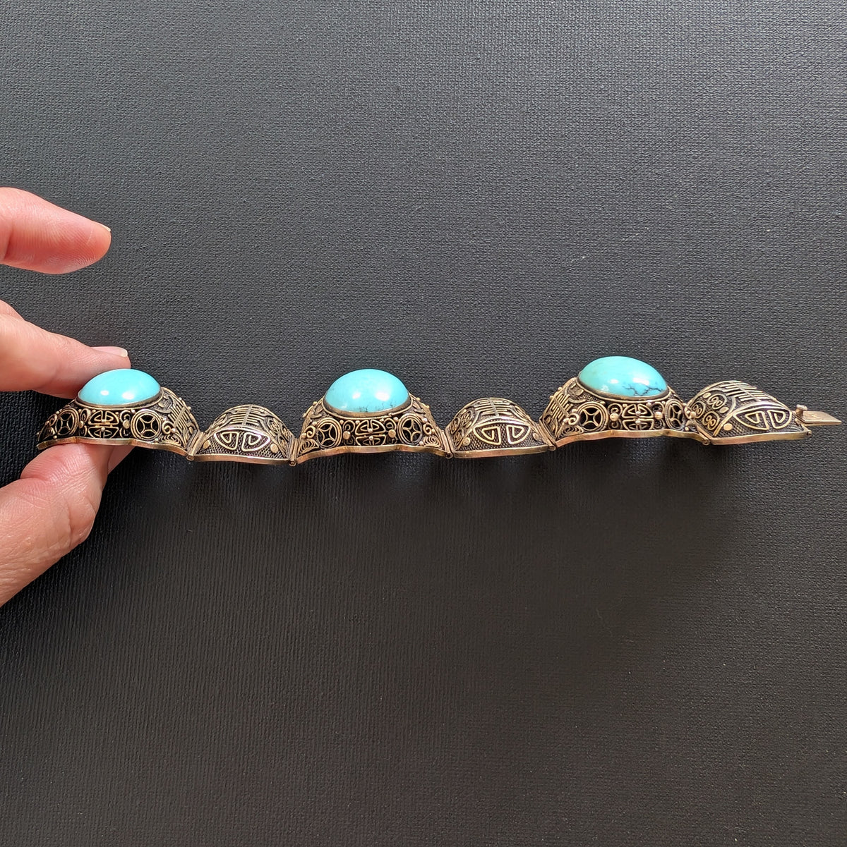 Chinese filigree handmade silver jewelry bracelet with natural turquoise #2926