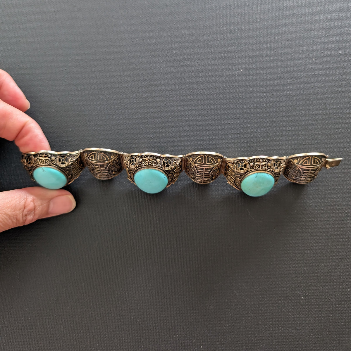 Chinese filigree handmade silver jewelry bracelet with natural turquoise #2926