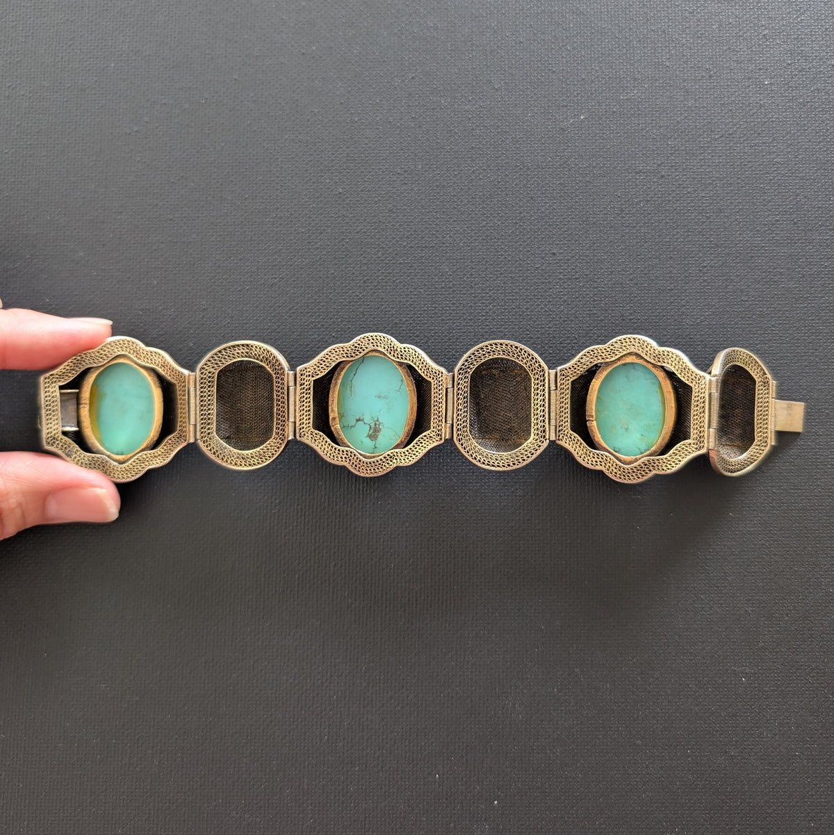 Chinese filigree handmade silver jewelry bracelet with natural turquoise #2926