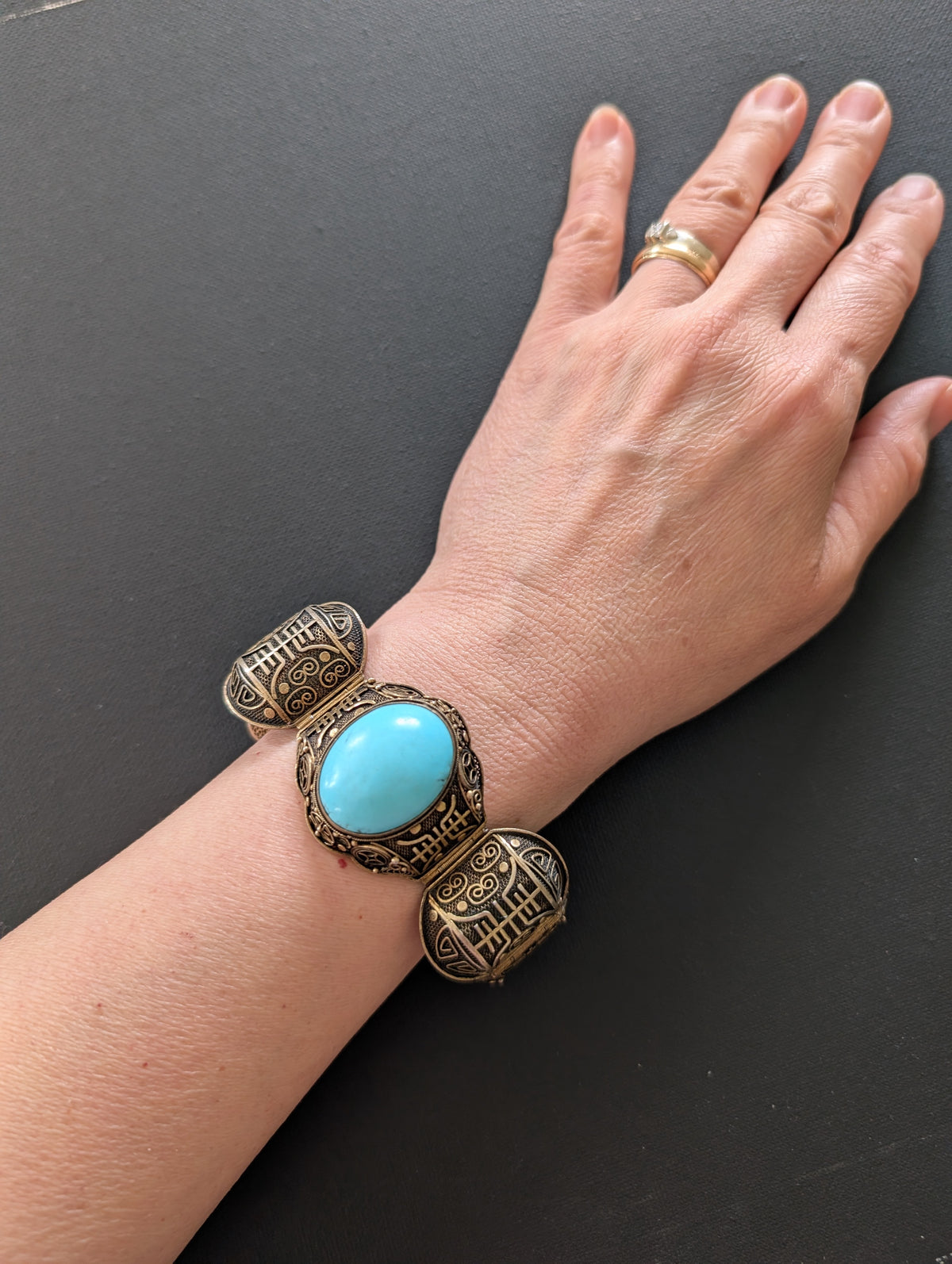 Chinese filigree handmade silver jewelry bracelet with natural turquoise #2926
