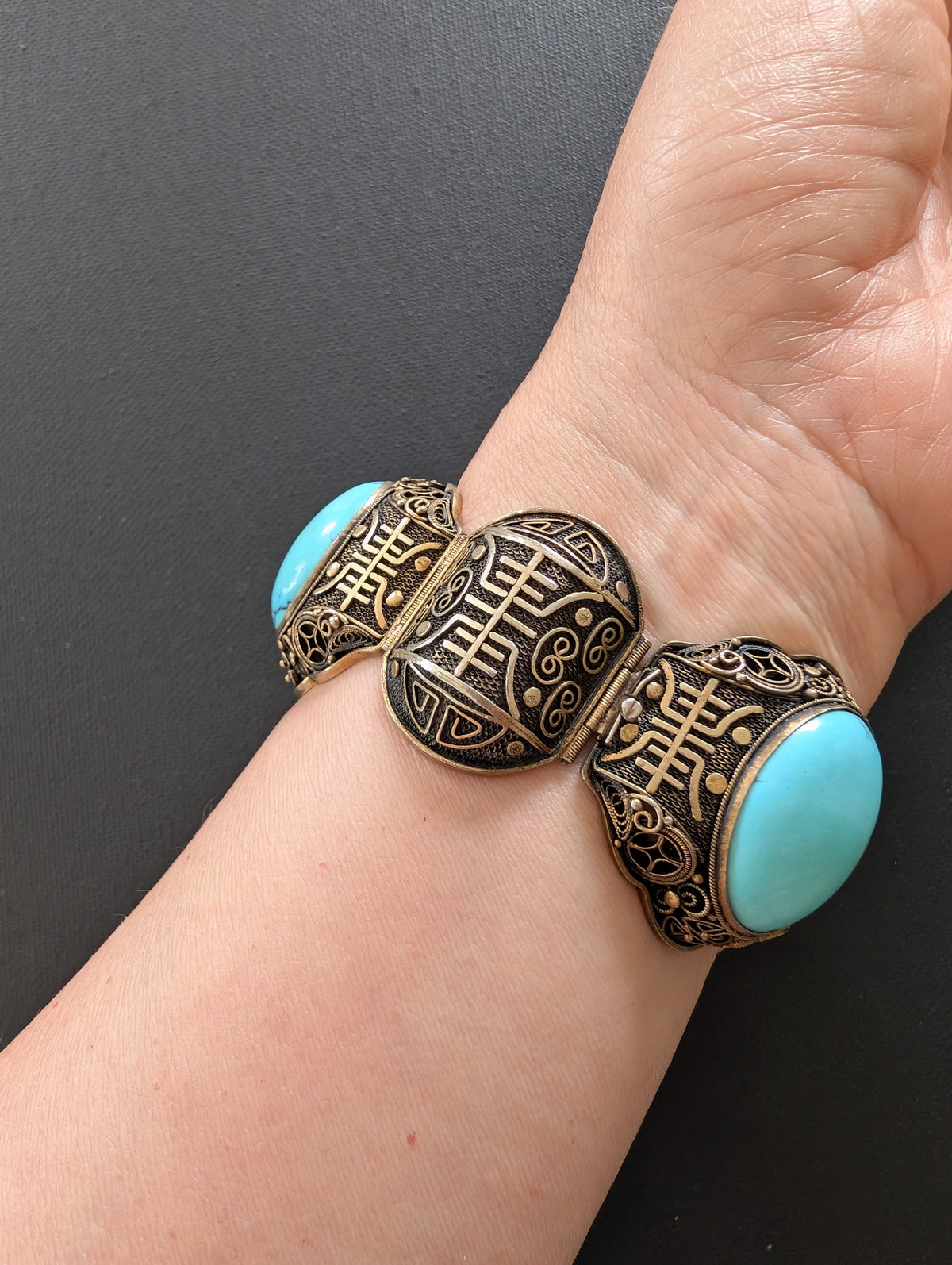 Chinese filigree handmade silver jewelry bracelet with natural turquoise #2926