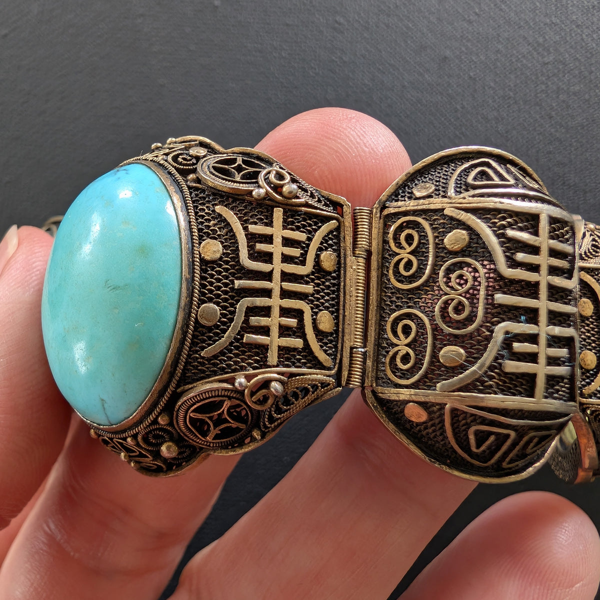 Chinese filigree handmade silver jewelry bracelet with natural turquoise #2926