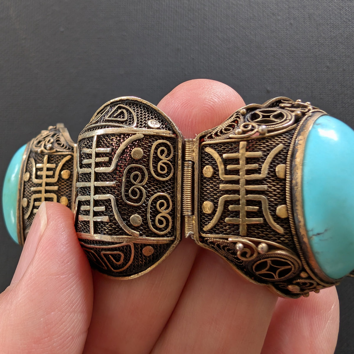 Chinese filigree handmade silver jewelry bracelet with natural turquoise #2926