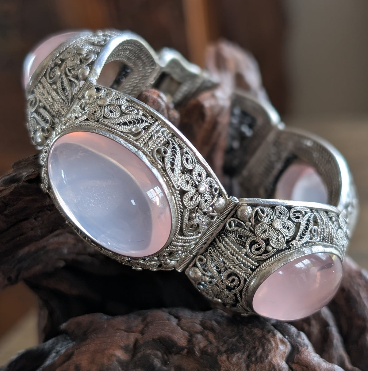 Chinese filigree handmade silver jewelry bracelet with natural rose quartz #2958