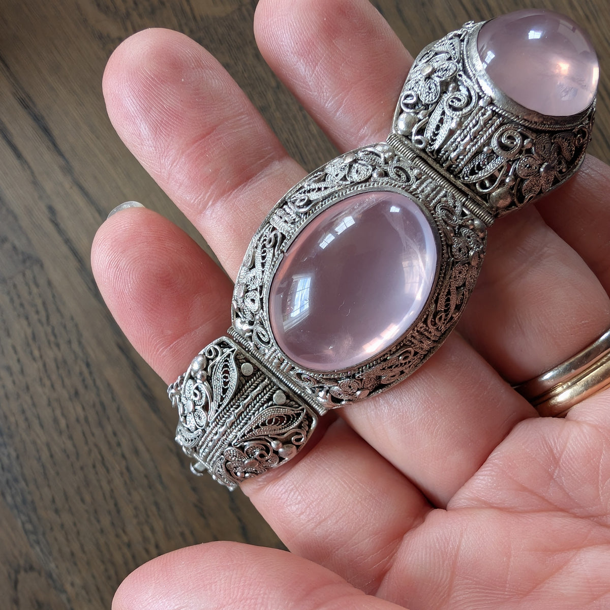 Chinese filigree handmade silver jewelry bracelet with natural rose quartz #2958