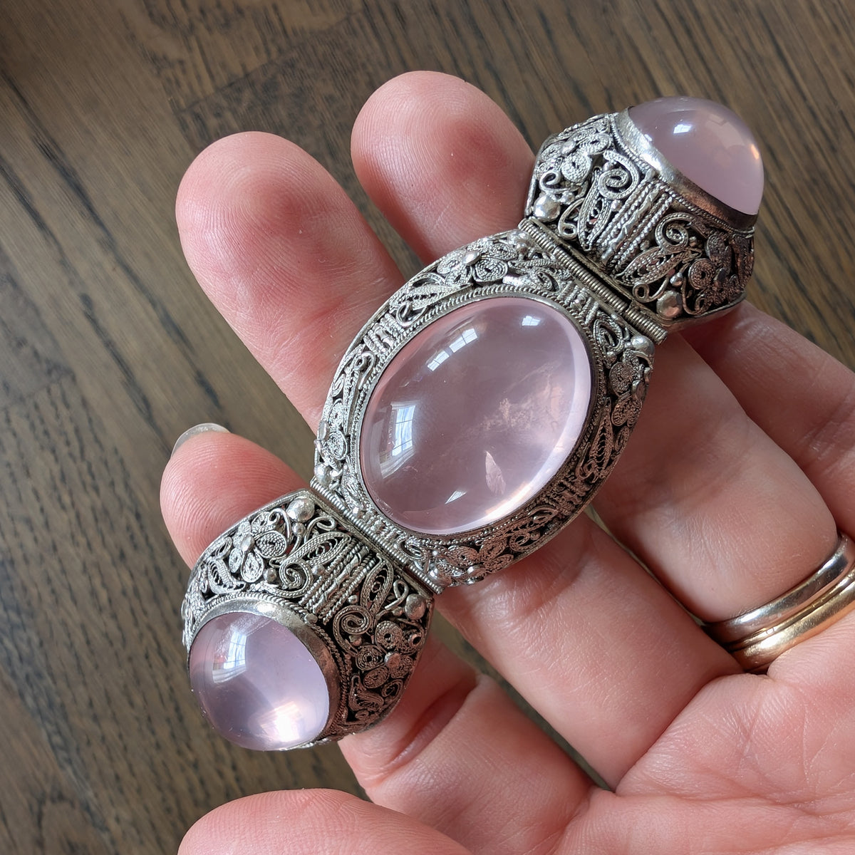 Chinese filigree handmade silver jewelry bracelet with natural rose quartz #2958