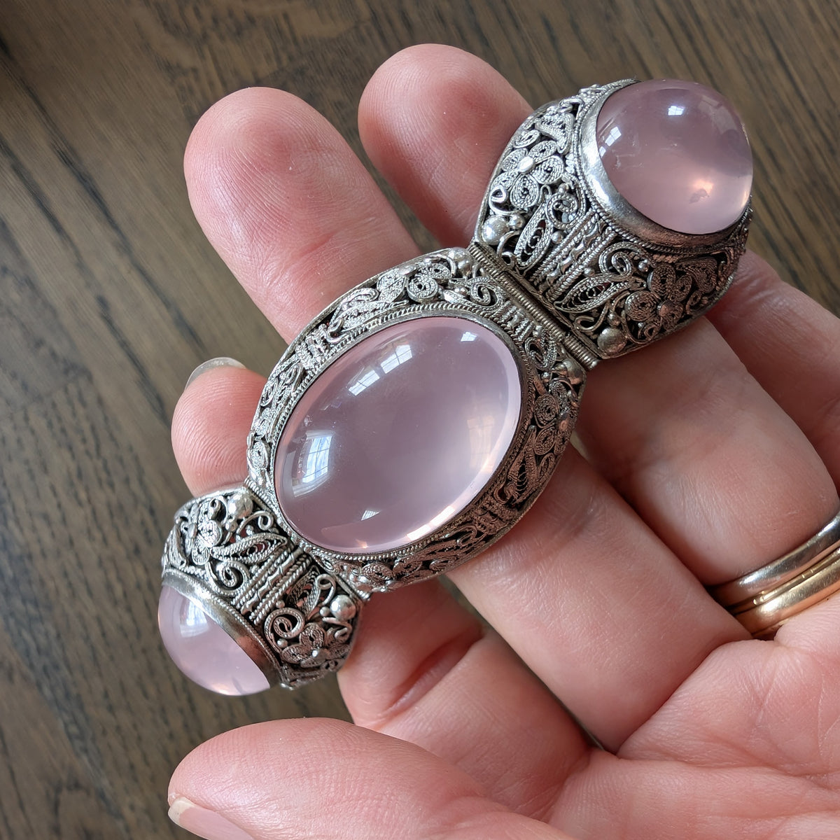 Chinese filigree handmade silver jewelry bracelet with natural rose quartz #2958
