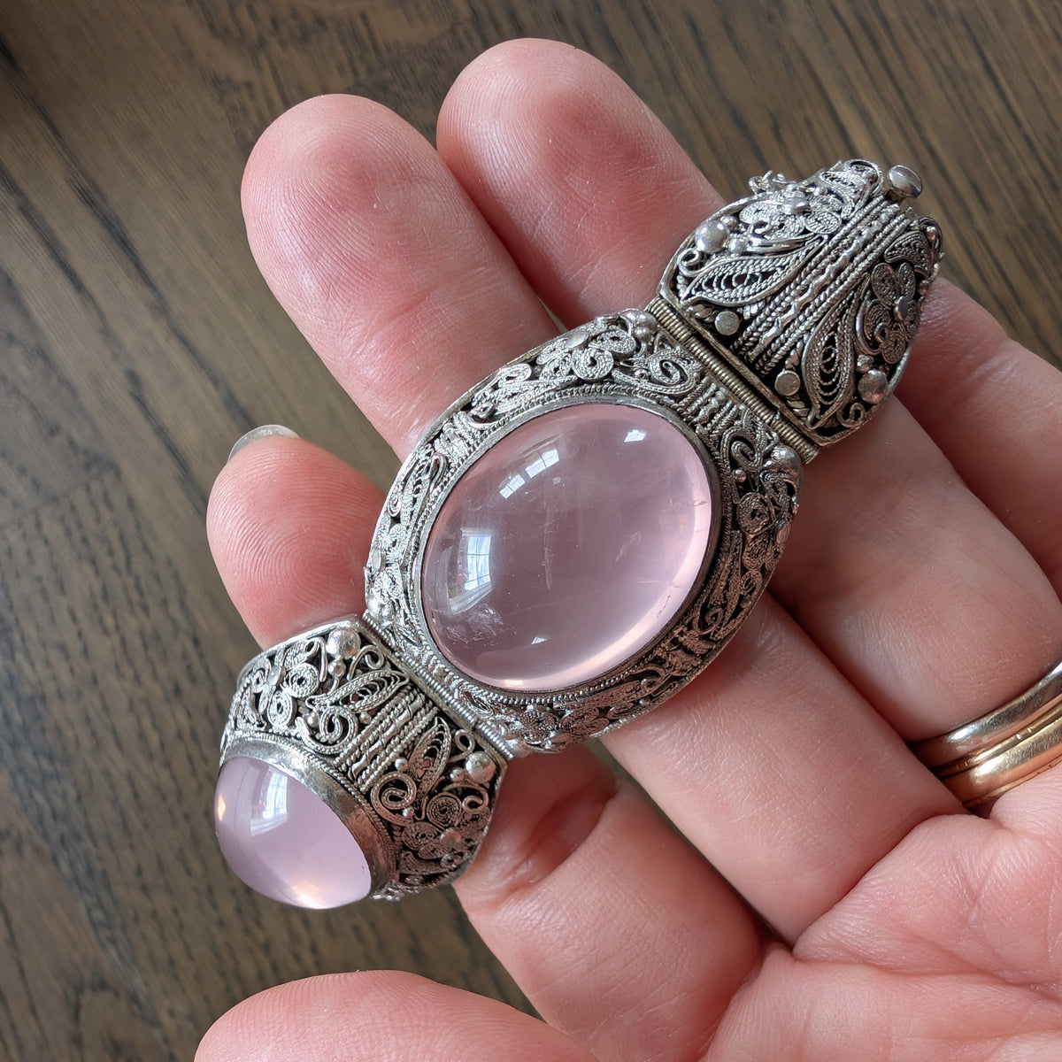 Chinese filigree handmade silver jewelry bracelet with natural rose quartz #2958