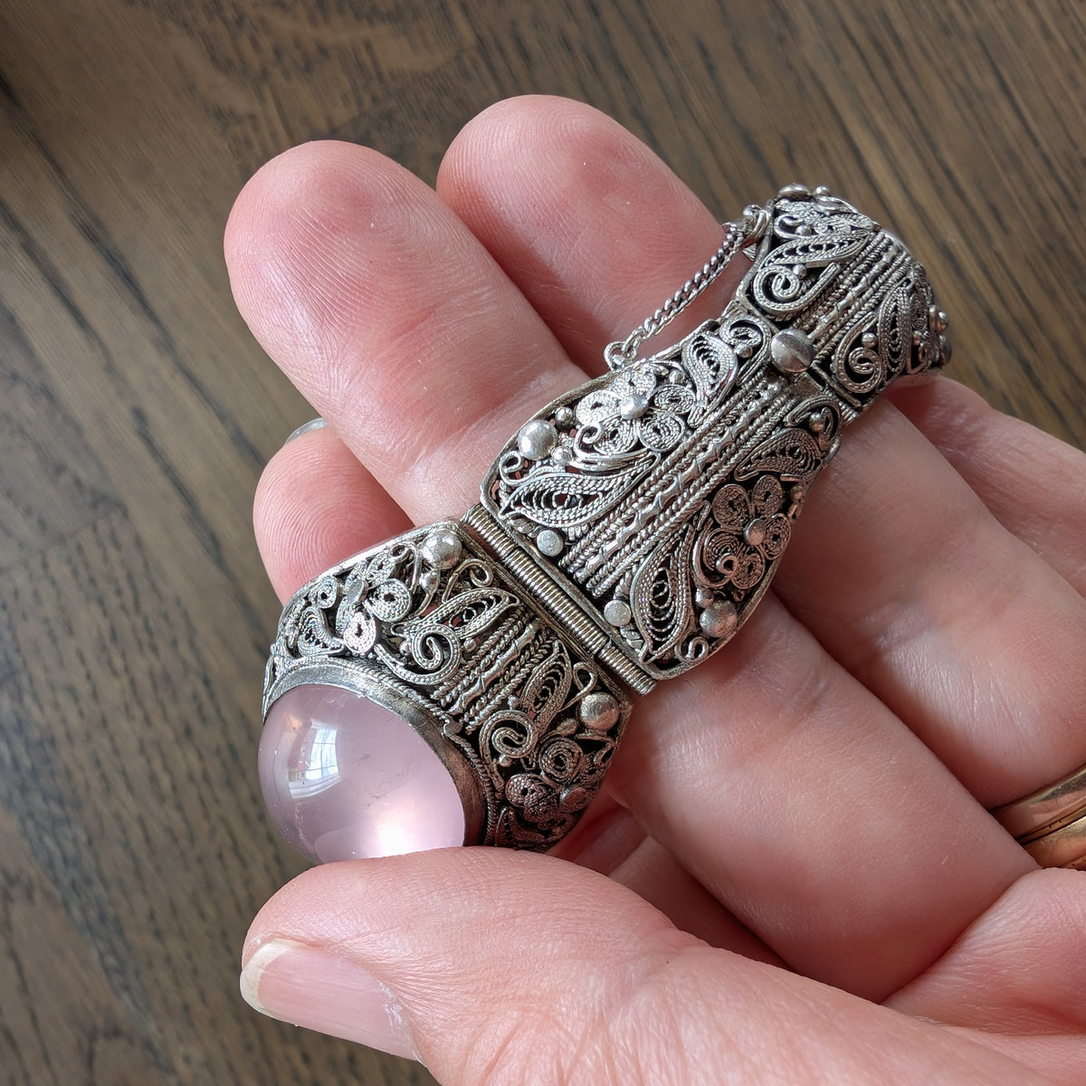 Chinese filigree handmade silver jewelry bracelet with natural rose quartz #2958