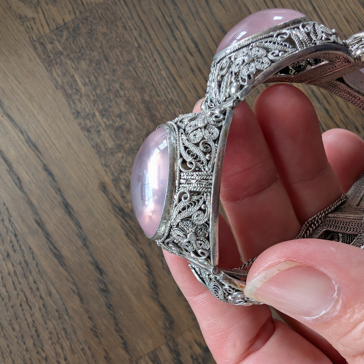 Chinese filigree handmade silver jewelry bracelet with natural rose quartz #2958