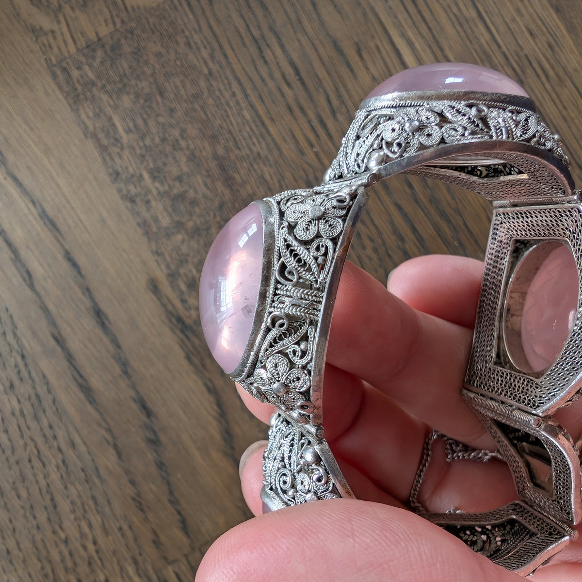 Chinese filigree handmade silver jewelry bracelet with natural rose quartz #2958