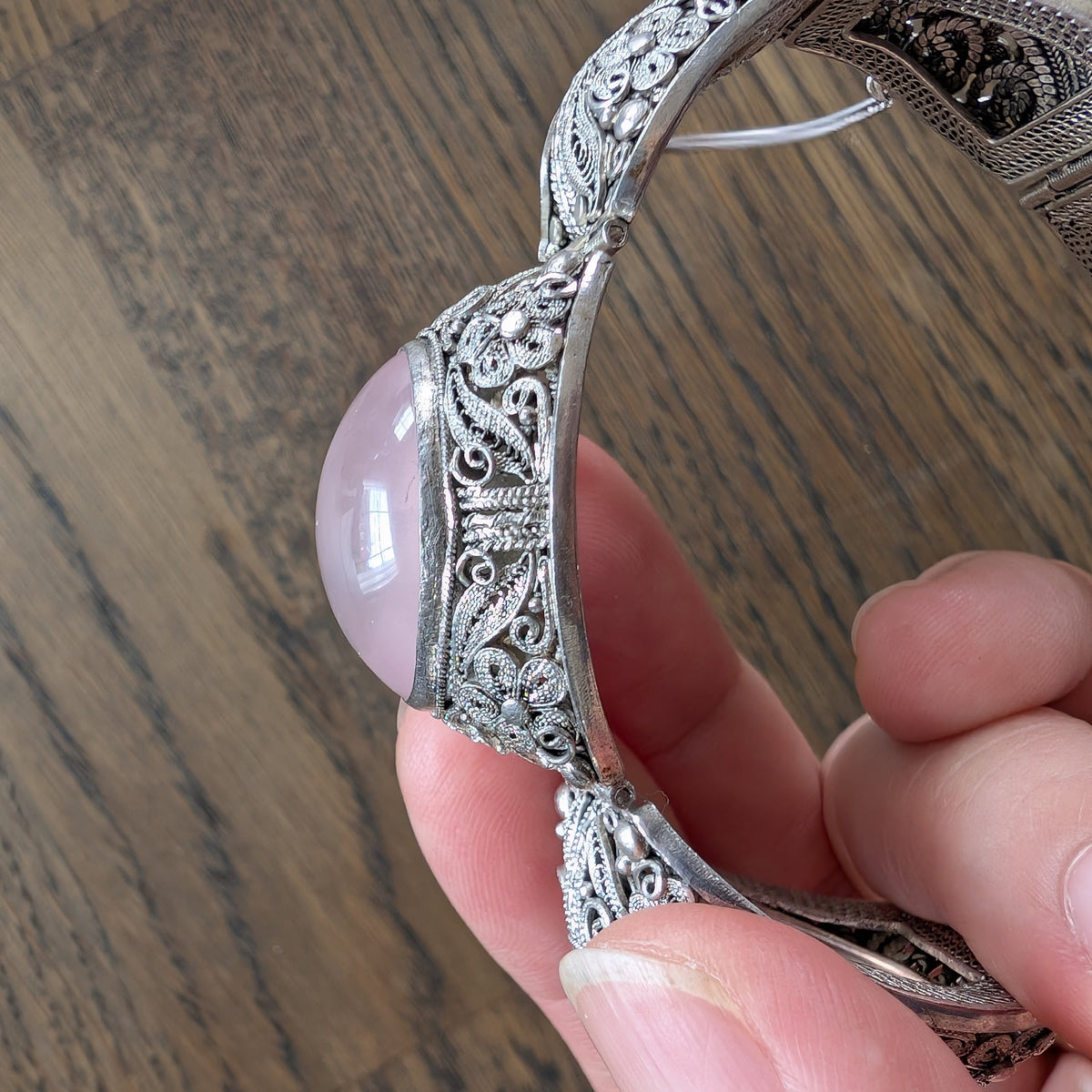 Chinese filigree handmade silver jewelry bracelet with natural rose quartz #2958