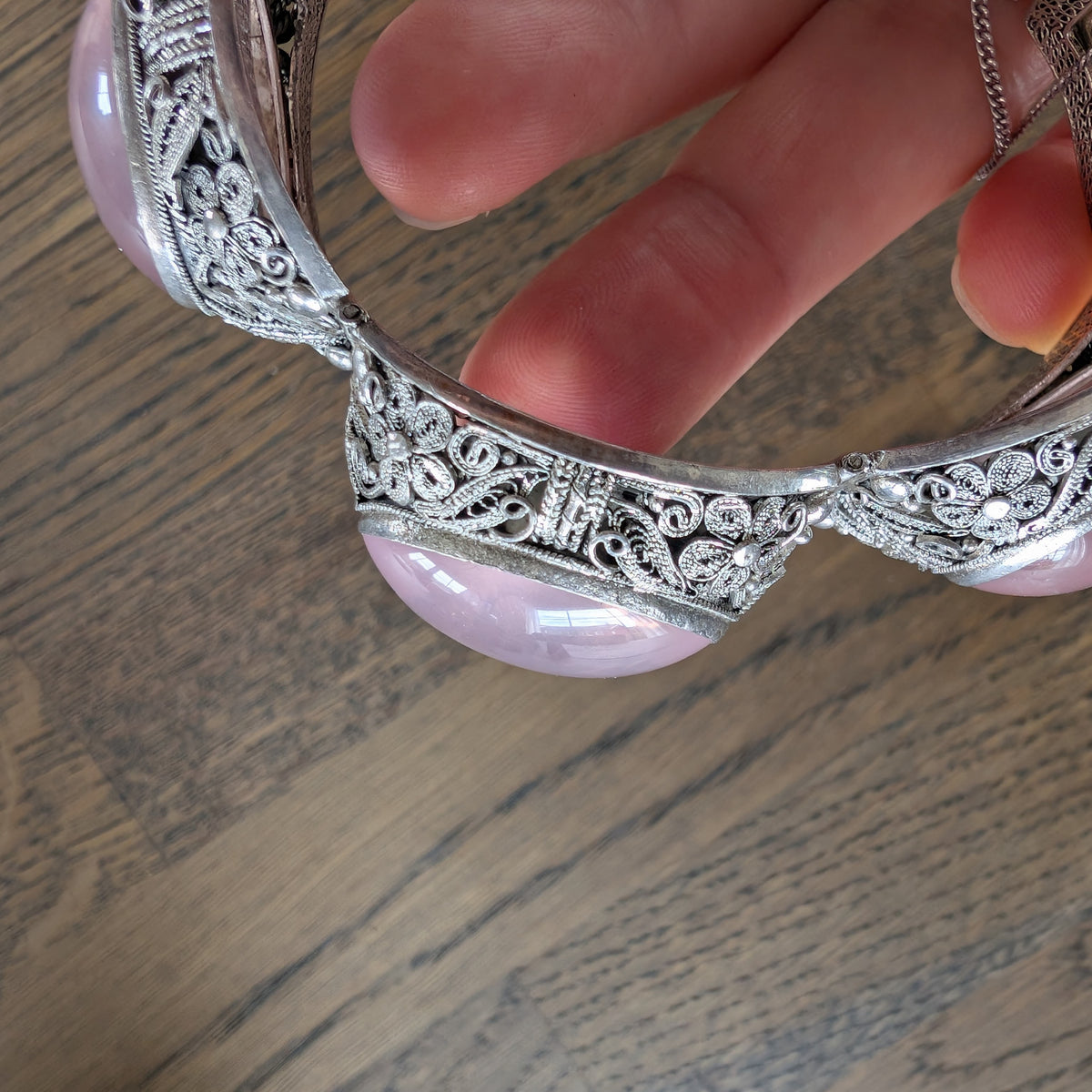 Chinese filigree handmade silver jewelry bracelet with natural rose quartz #2958