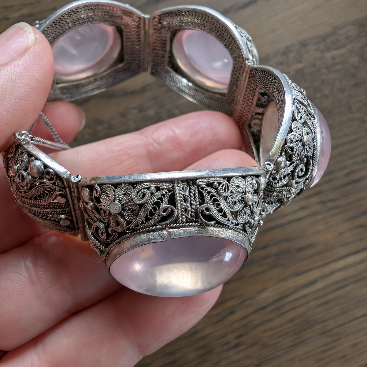Chinese filigree handmade silver jewelry bracelet with natural rose quartz #2958