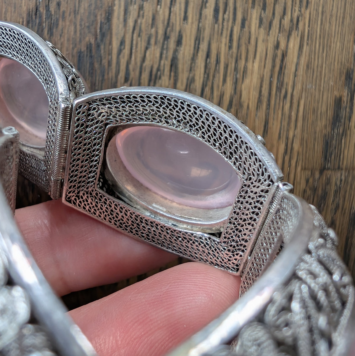 Chinese filigree handmade silver jewelry bracelet with natural rose quartz #2958