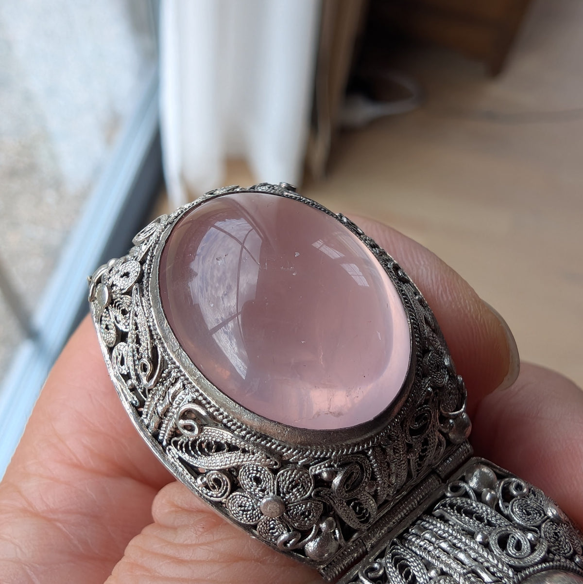Chinese filigree handmade silver jewelry bracelet with natural rose quartz #2958