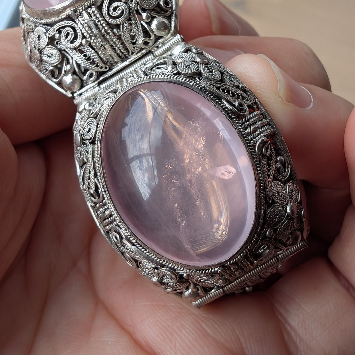 Chinese filigree handmade silver jewelry bracelet with natural rose quartz #2958