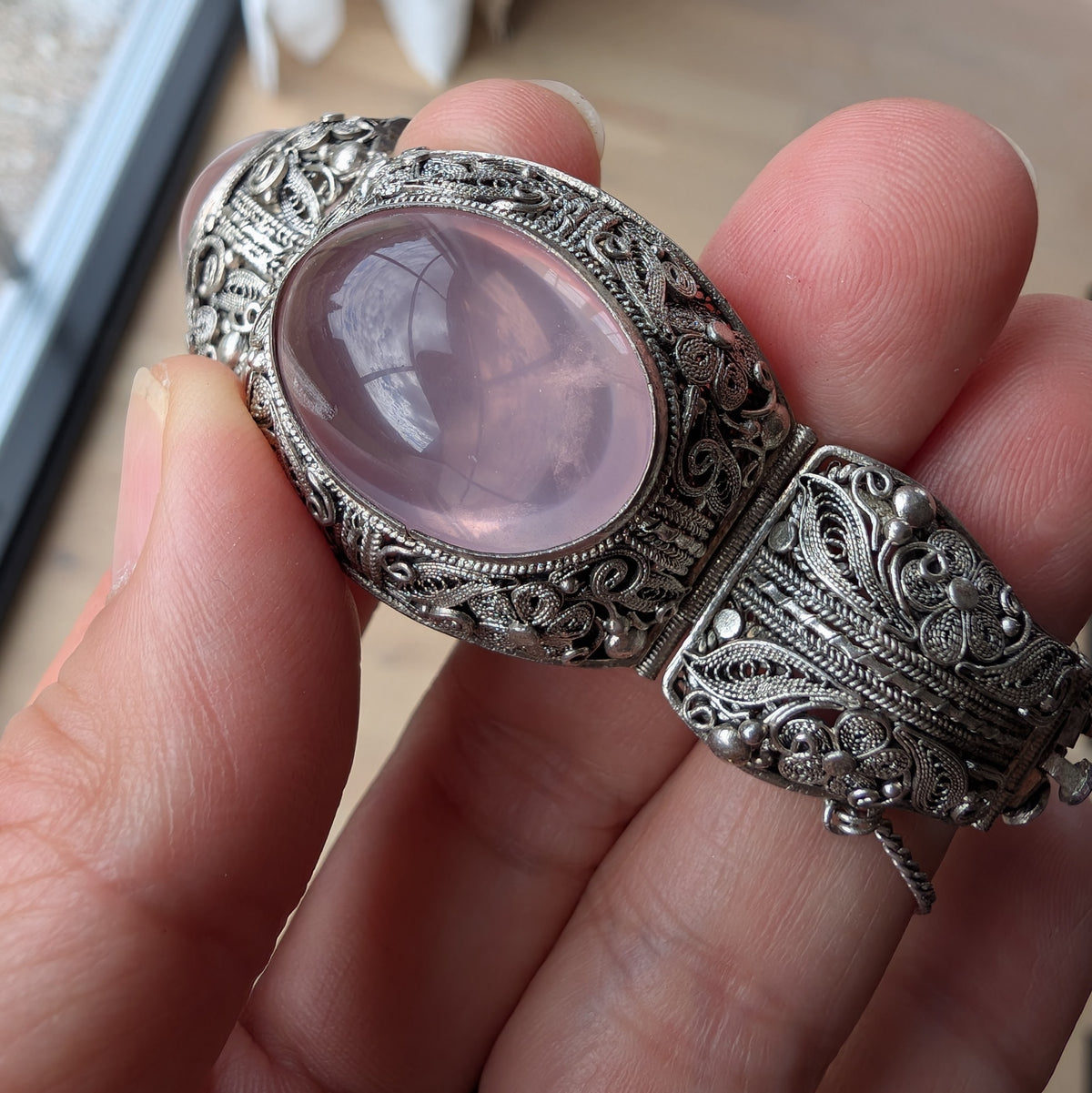 Chinese filigree handmade silver jewelry bracelet with natural rose quartz #2958