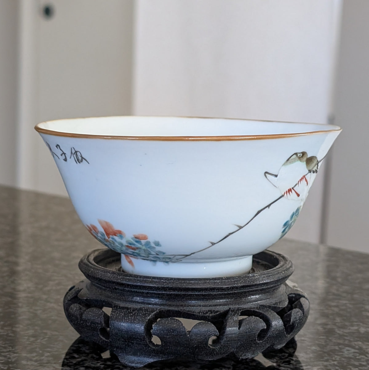 Chinese antique bowl decorated with a bird and calligraphy, 19th century #2993