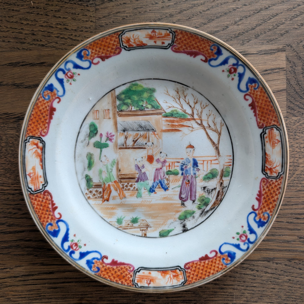 Antique Chinese mandarin plate with children, 18th c, Qianlong period #2997