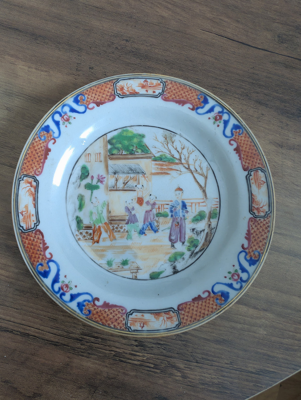 Antique Chinese mandarin plate with children, 18th c, Qianlong period #2997