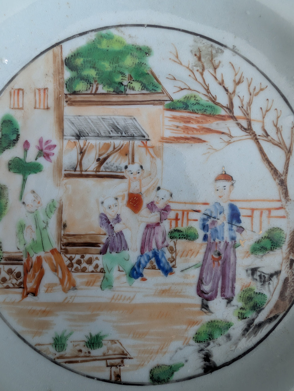 Antique Chinese mandarin plate with children, 18th c, Qianlong period #2997