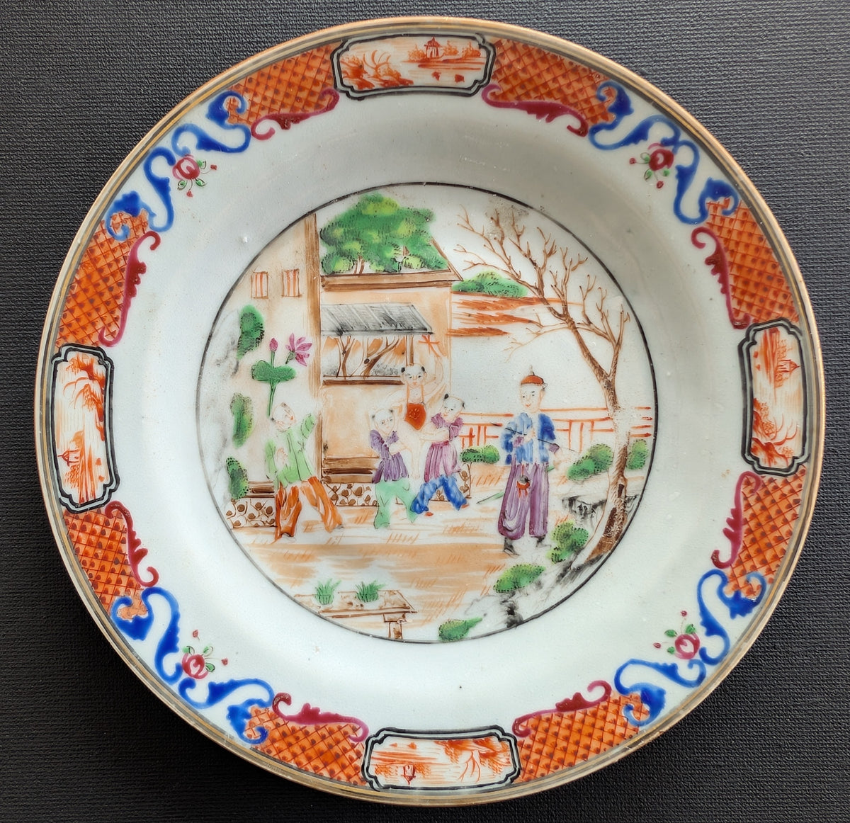 Antique Chinese mandarin plate with children, 18th c, Qianlong period #2997