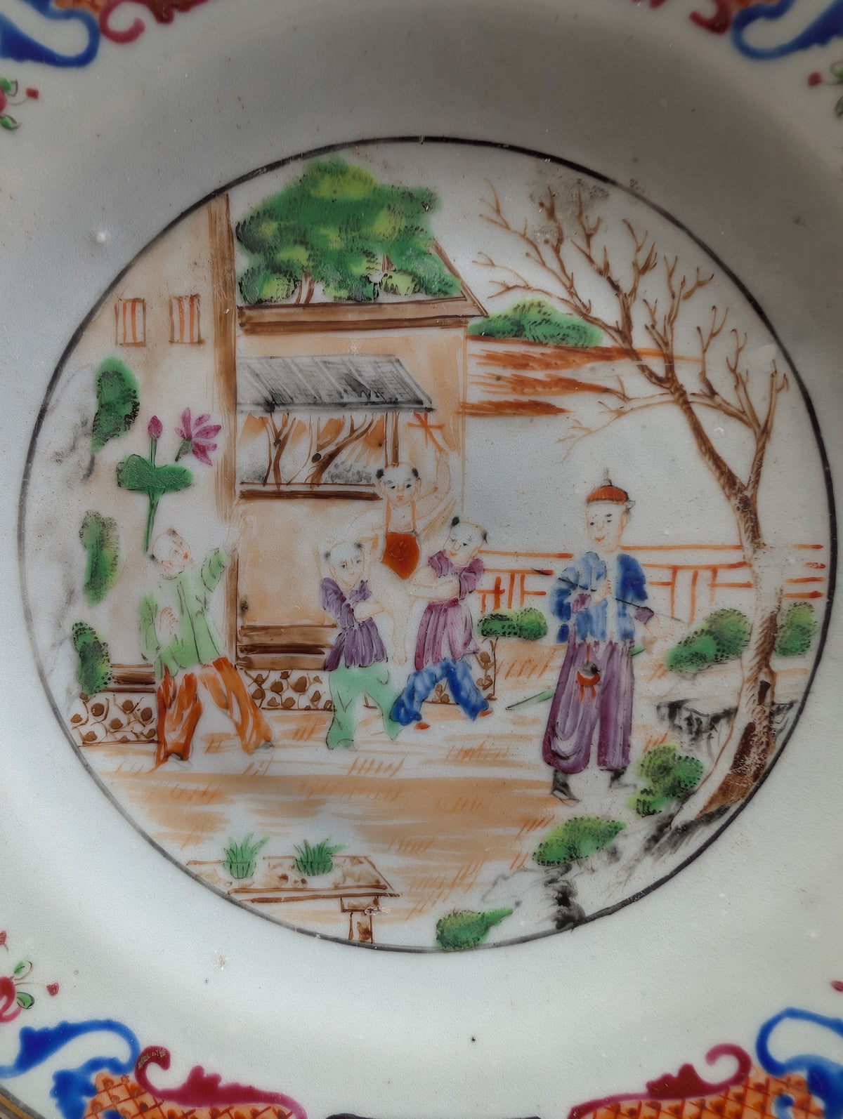 Antique Chinese mandarin plate with children, 18th c, Qianlong period #2997