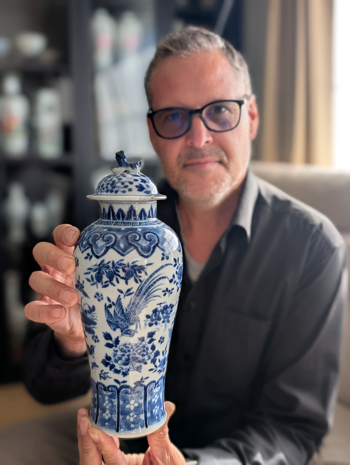 Chinese antique blue and white vase with birds , Late Qing #2999
