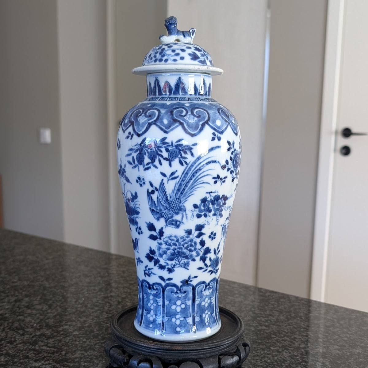 Chinese antique blue and white vase with birds , Late Qing #2999