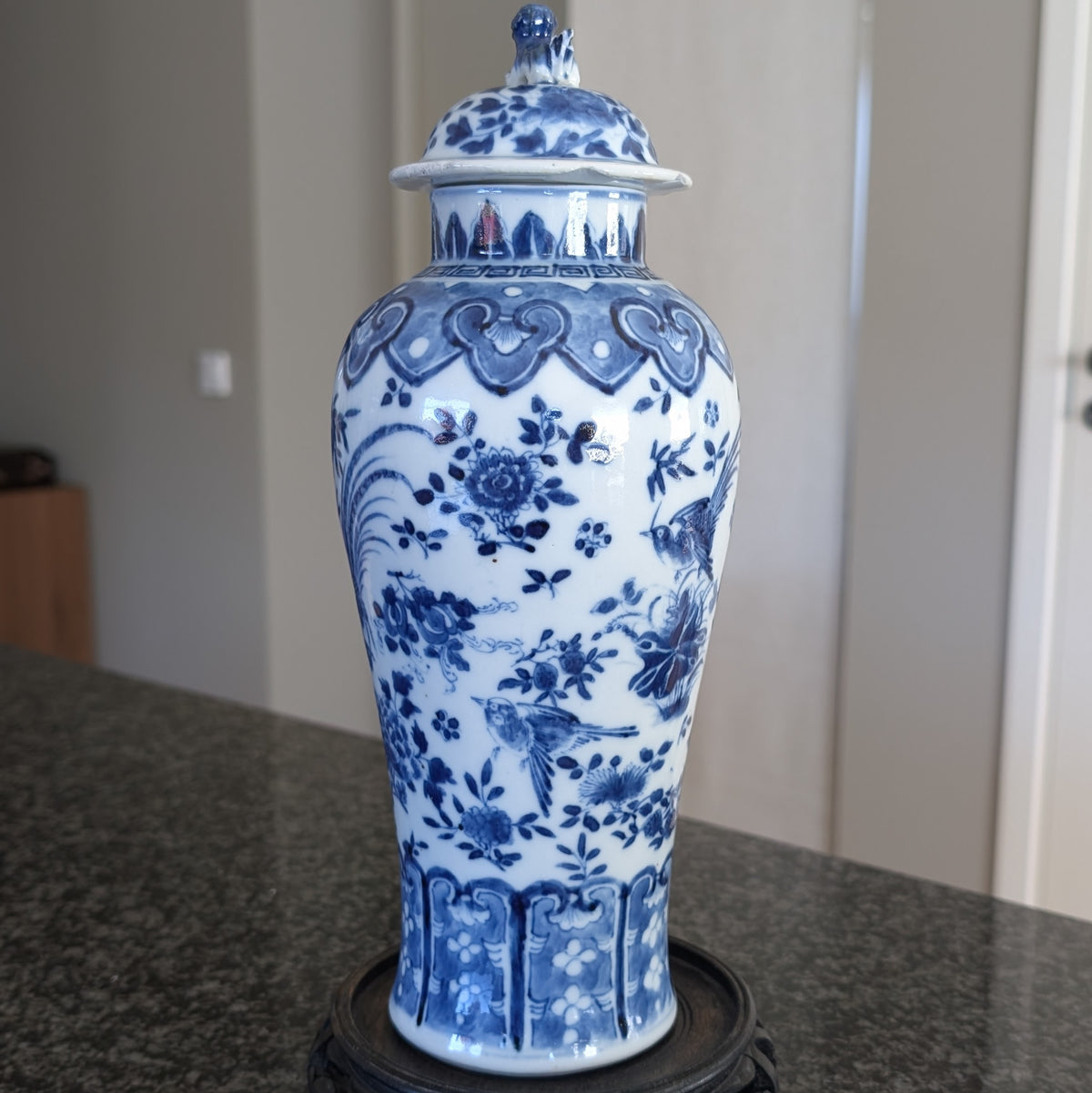 Chinese antique blue and white vase with birds , Late Qing #2999
