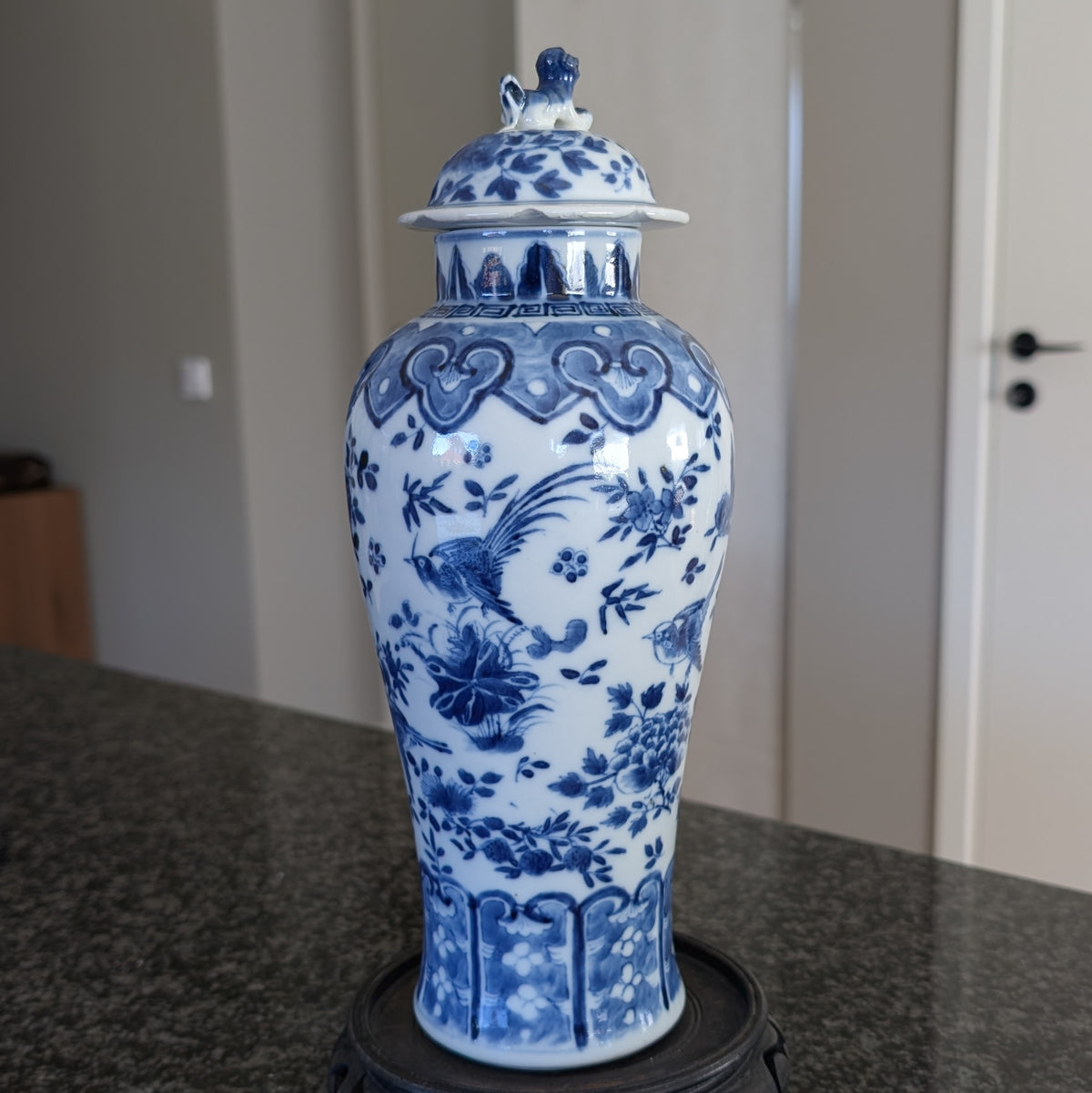 Chinese antique blue and white vase with birds , Late Qing #2999