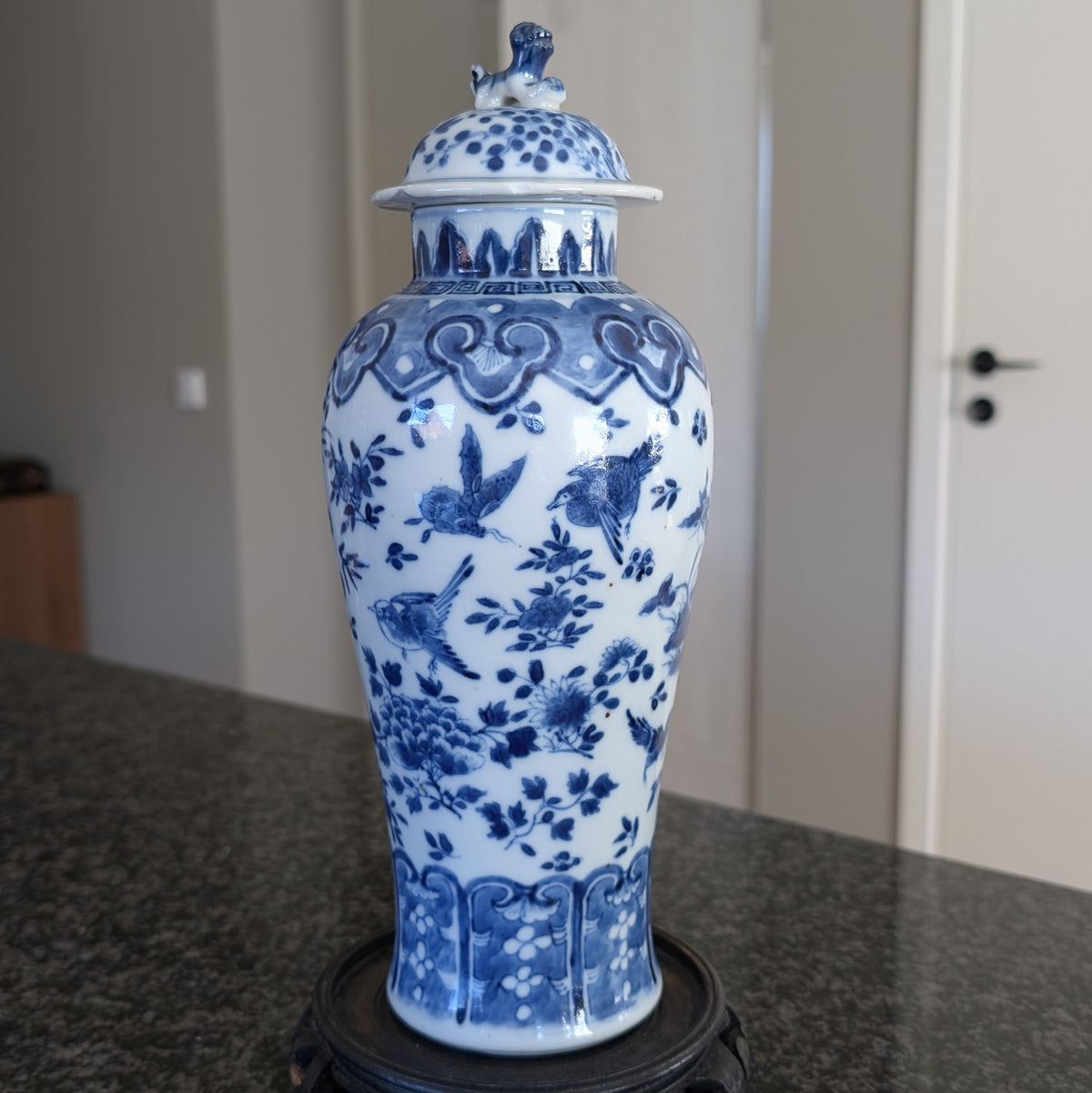 Chinese antique blue and white vase with birds , Late Qing #2999