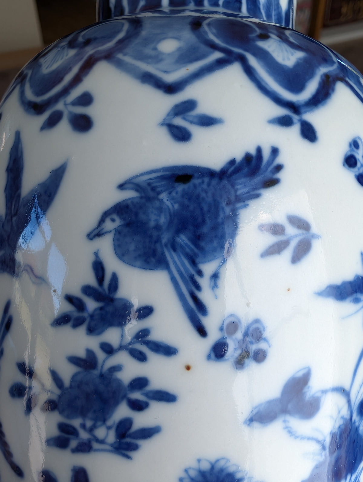 Chinese antique blue and white vase with birds , Late Qing #2999