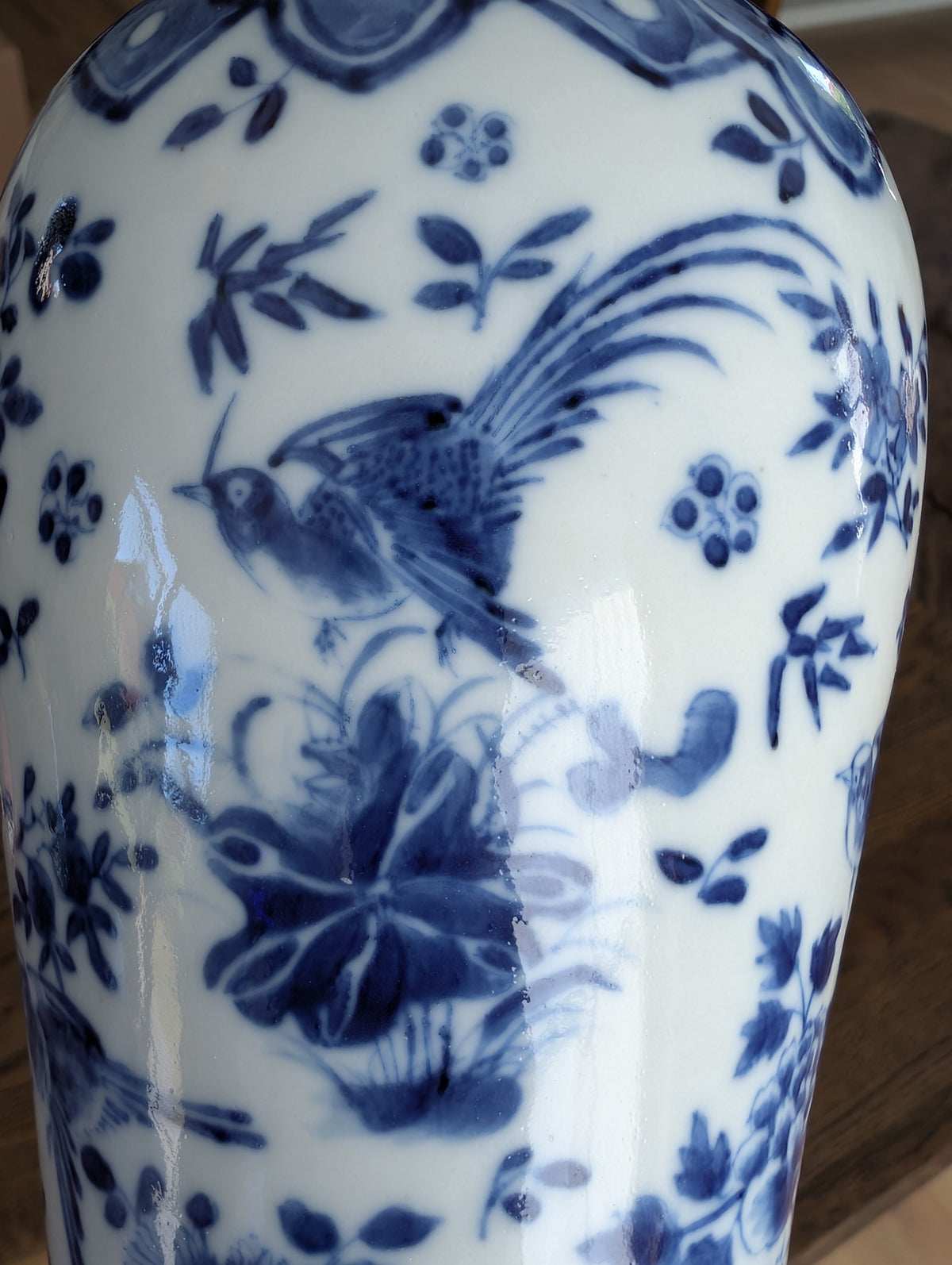 Chinese antique blue and white vase with birds , Late Qing #2999