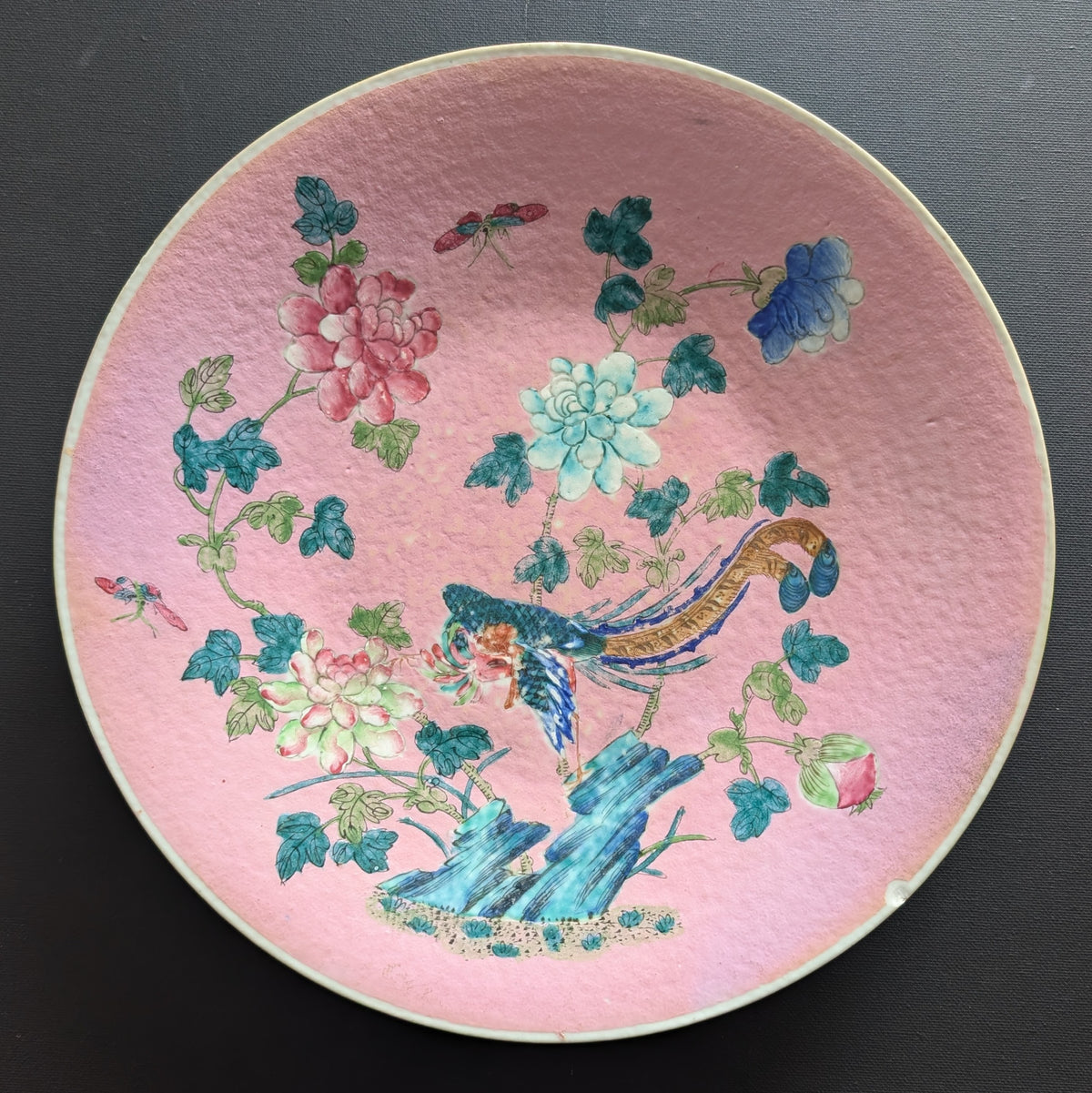 Chinese antique pink ground phoenix charger, 19th c #3006