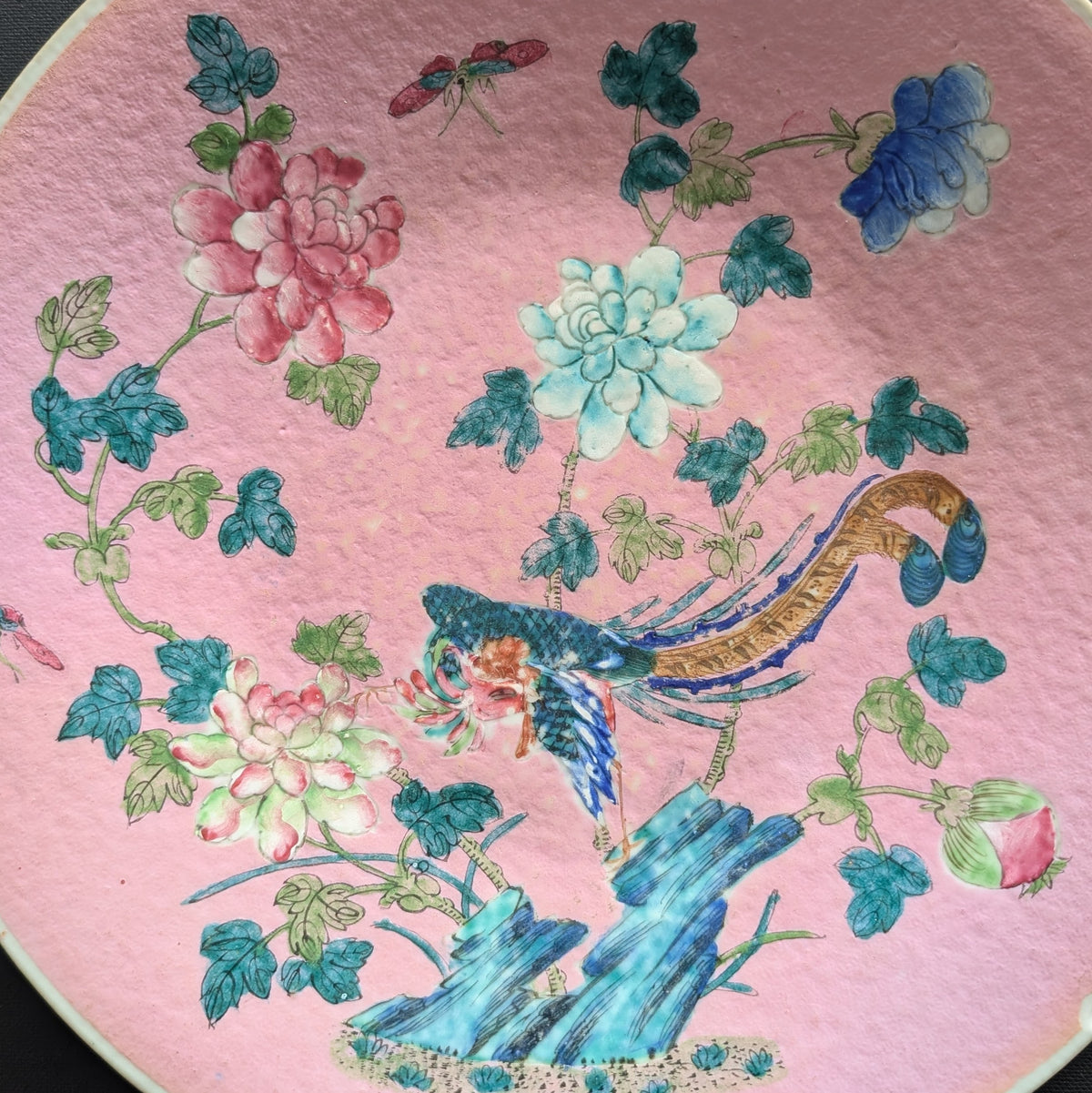 Chinese antique pink ground phoenix charger, 19th c #3006