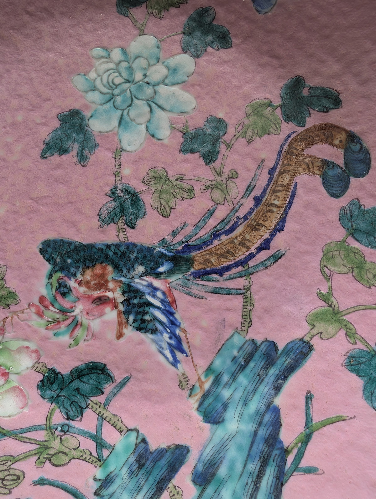 Chinese antique pink ground phoenix charger, 19th c #3006